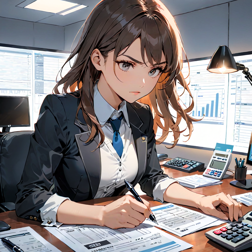 デスクで数字を二重確認する女性
