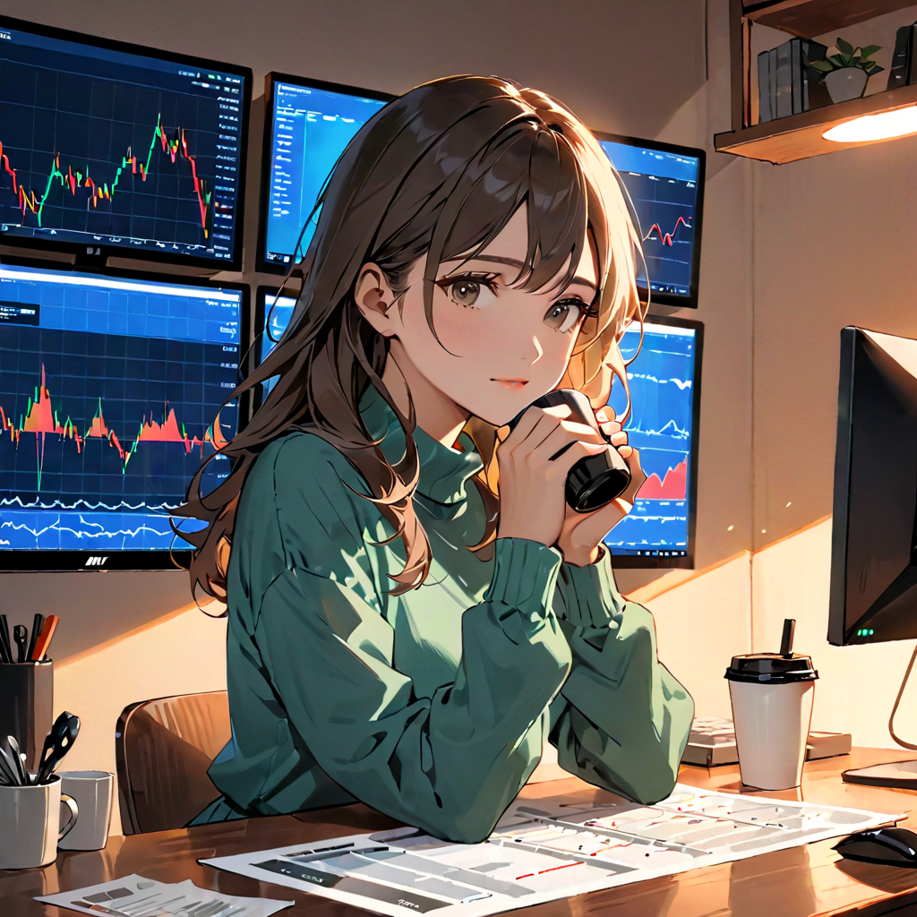 下落チャートを見ても動じずコーヒーを手に穏やかな女性