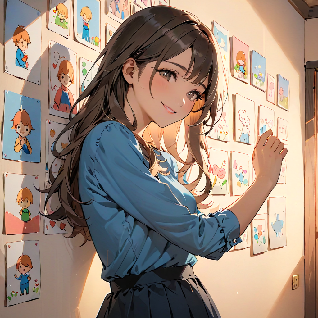 リビングで子どもの絵を見て微笑む女性