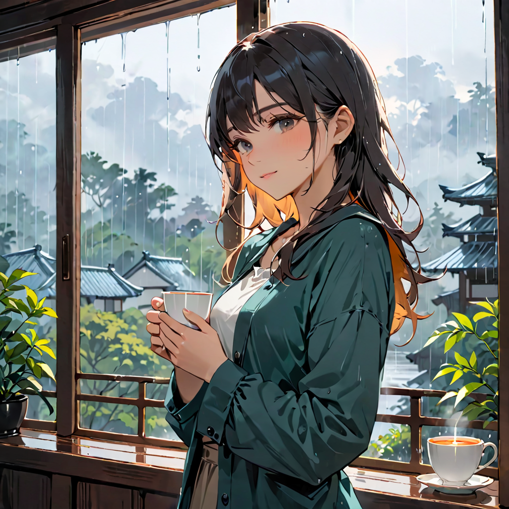 雨の窓辺でお茶を飲み安心した表情の女性