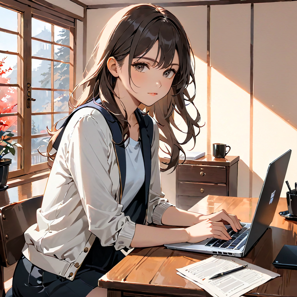 デスクでラップトップに向かう決意の女性