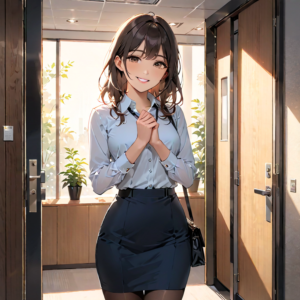 オフィス入口で明るく挨拶する女性
