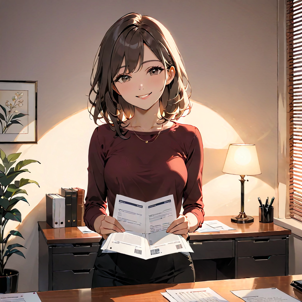 オフィスで書類を持ち温かい笑顔の女性