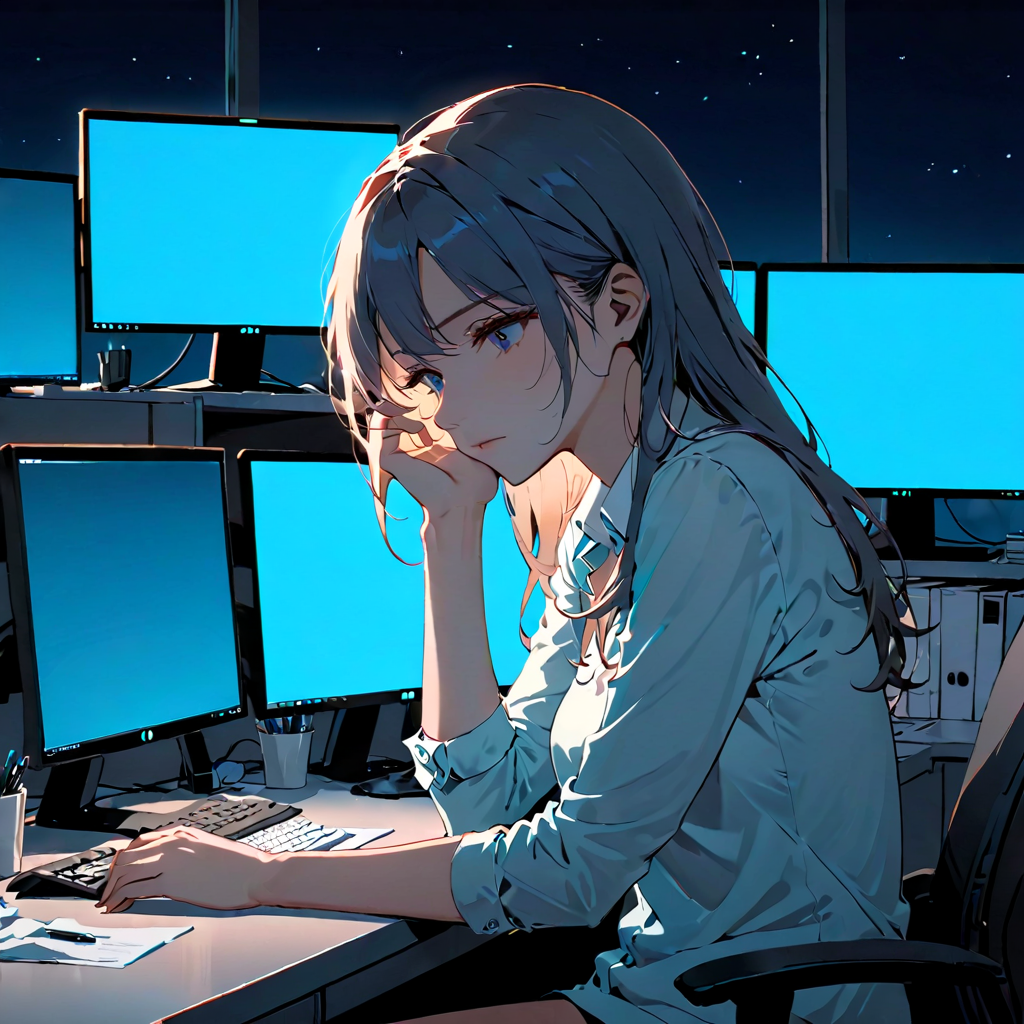 夜のオフィスでモニターを見つめる女性