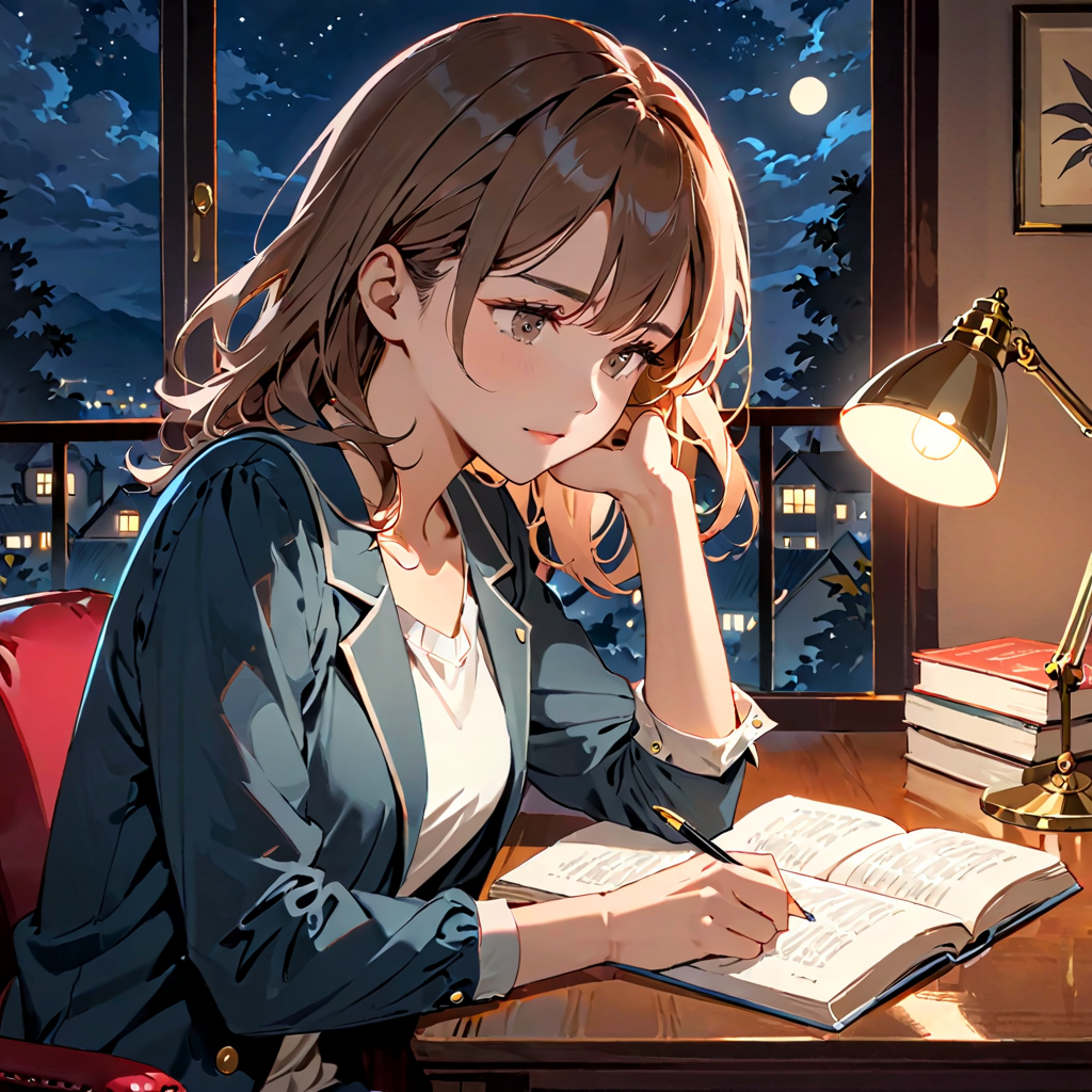 夜に新しい技術の本を読みメモを取る女性