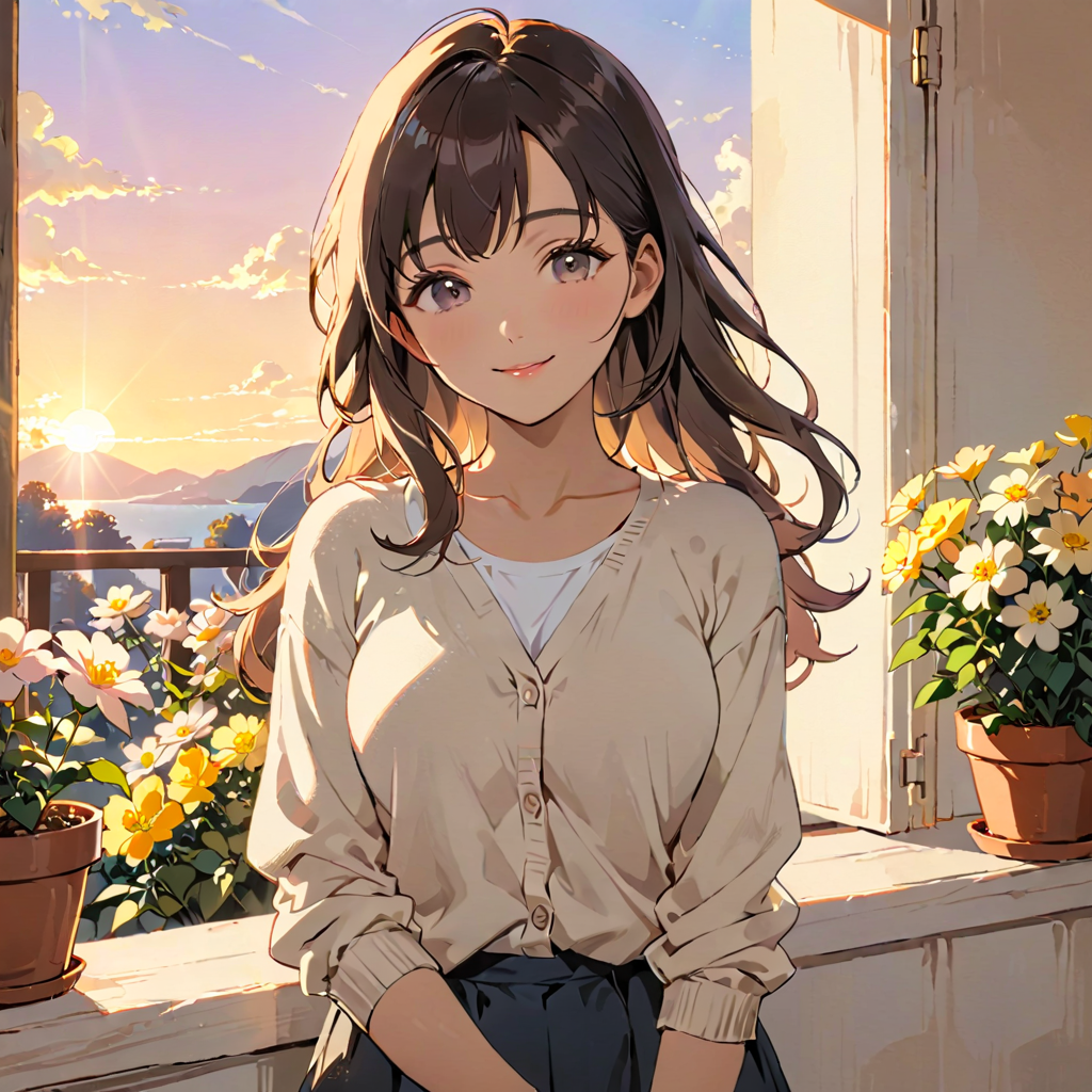 朝のベランダで鉢植えの花を眺め、穏やかに微笑む女性。時間の流れに抗わず、咲く時期を待つことを表すアイキャッチ。