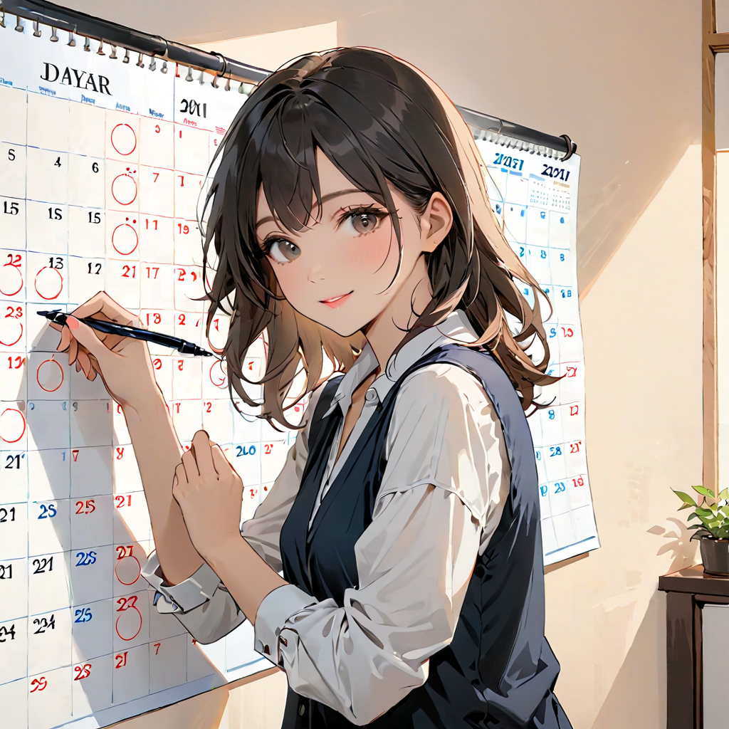 壁掛けカレンダーに丸印を付ける女性