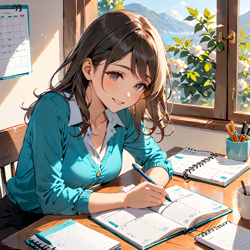 朝に手帳へ週間計画を書く女性