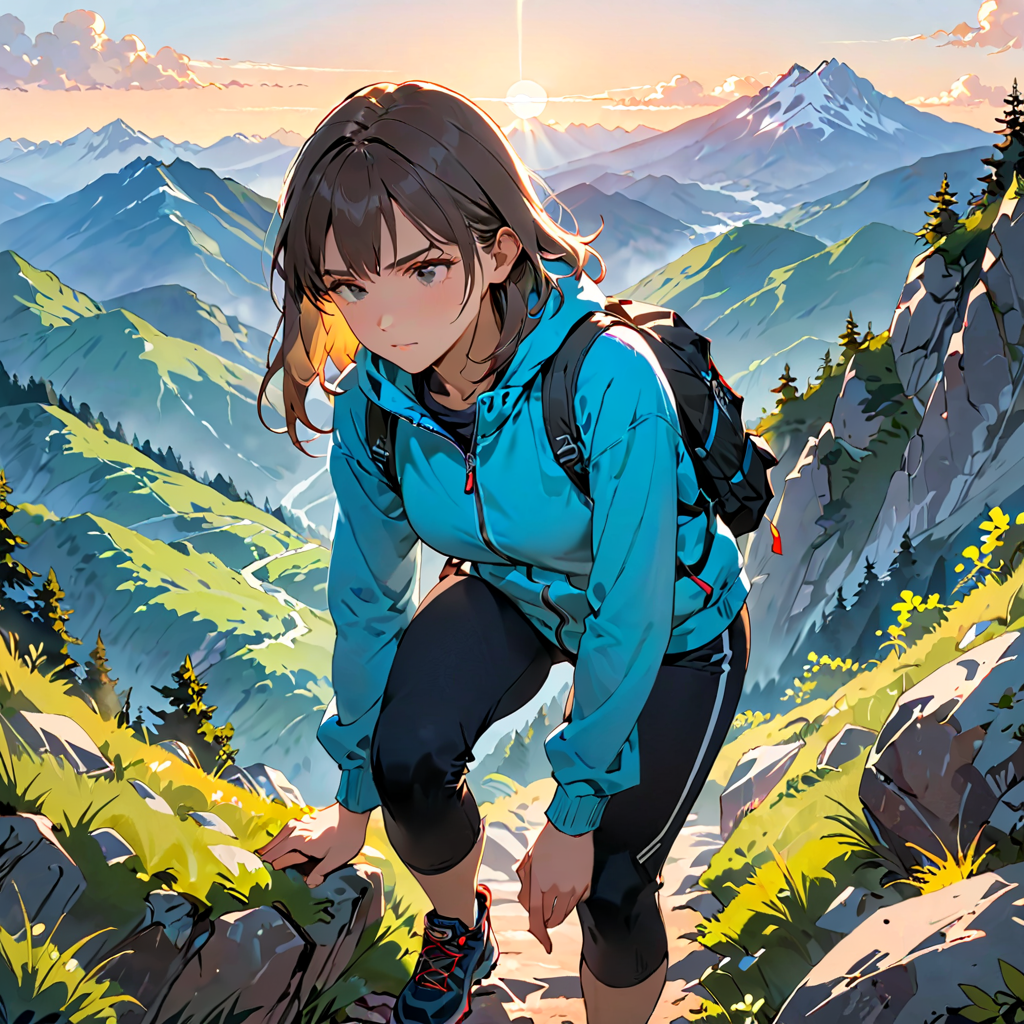 山道で登ってきた道を見下ろす女性