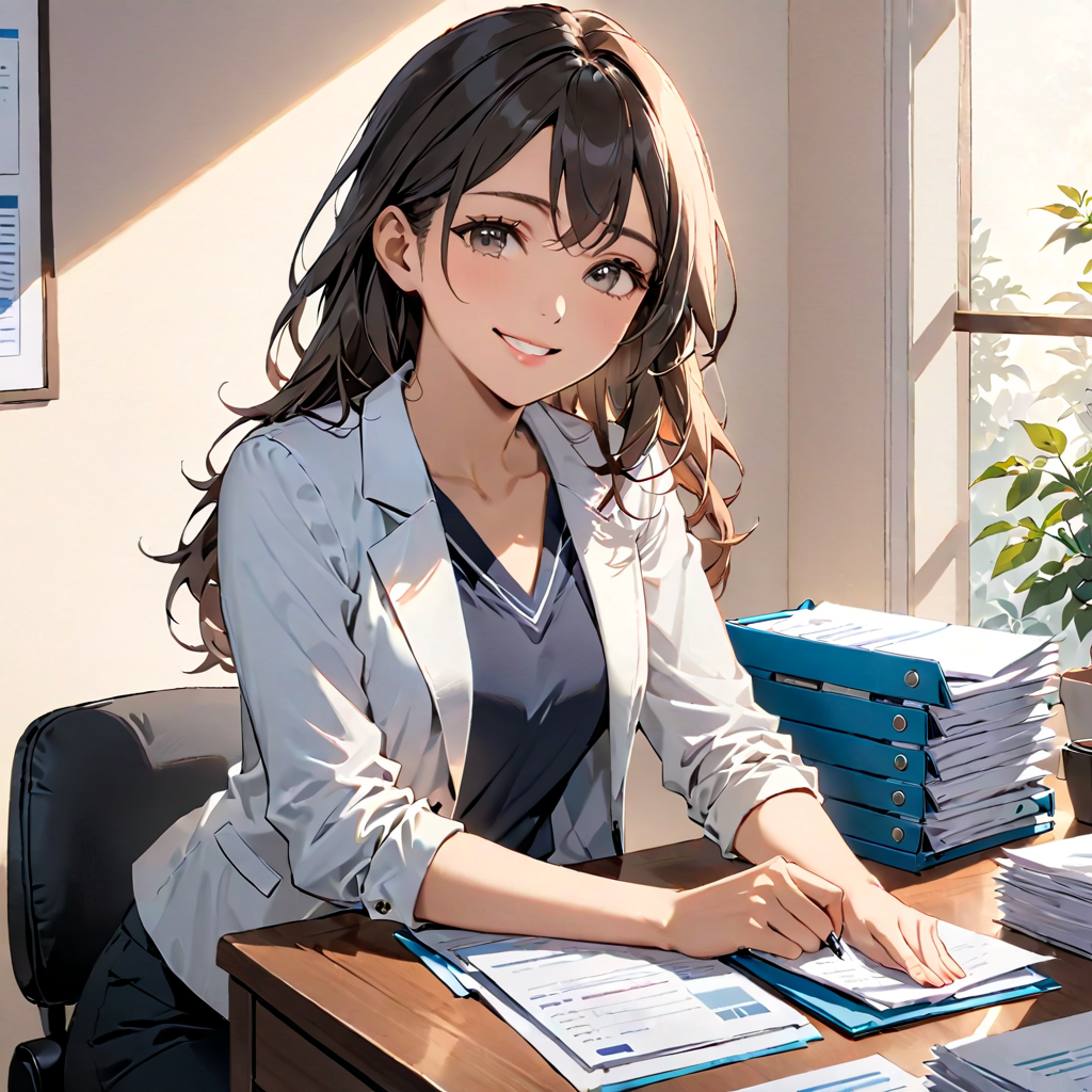 朝のデスクで準備した資料を整える女性