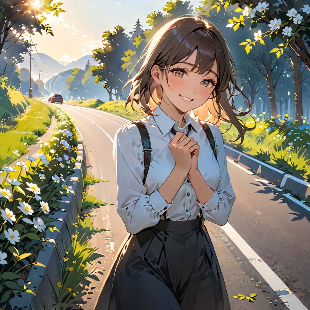 通勤路で路傍の花を見て微笑む女性