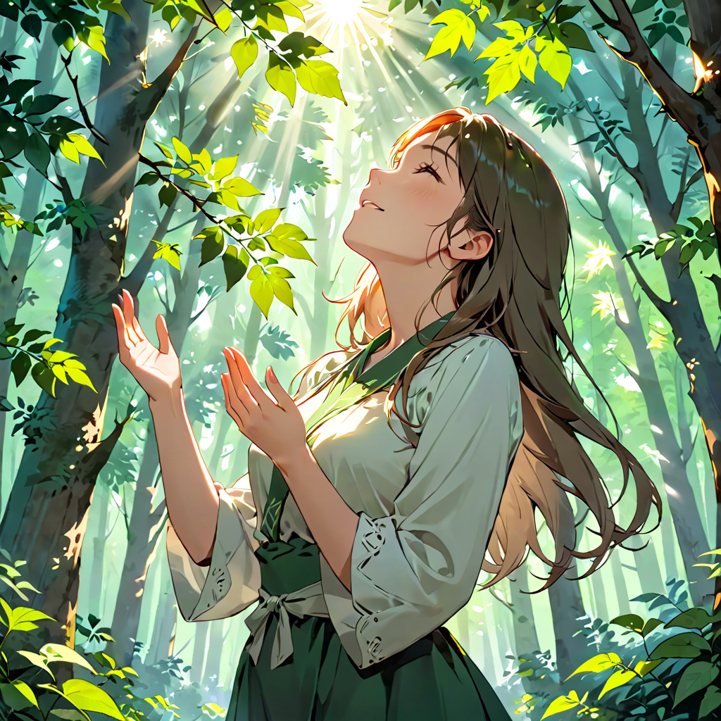 森の中で木々を見上げ深呼吸する女性