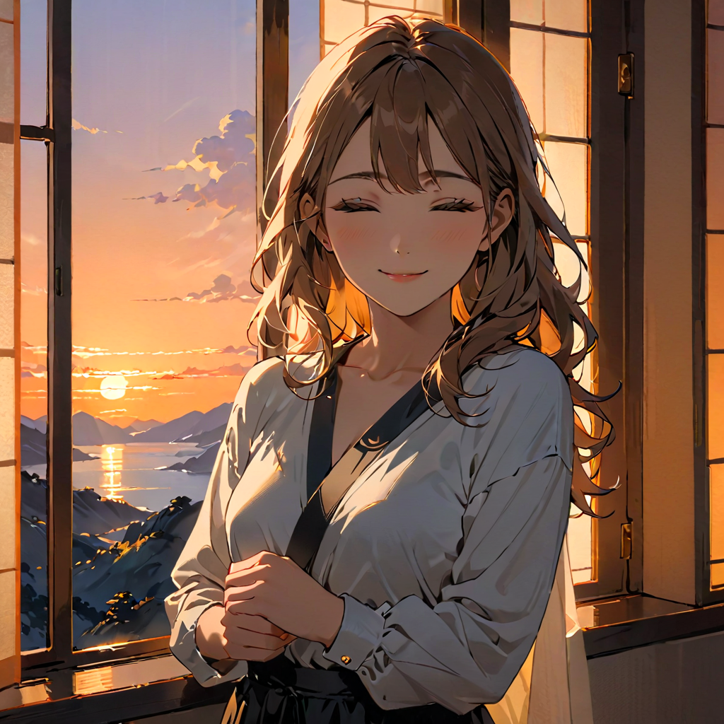 夕暮れの窓辺で自分を受け入れる微笑みの女性